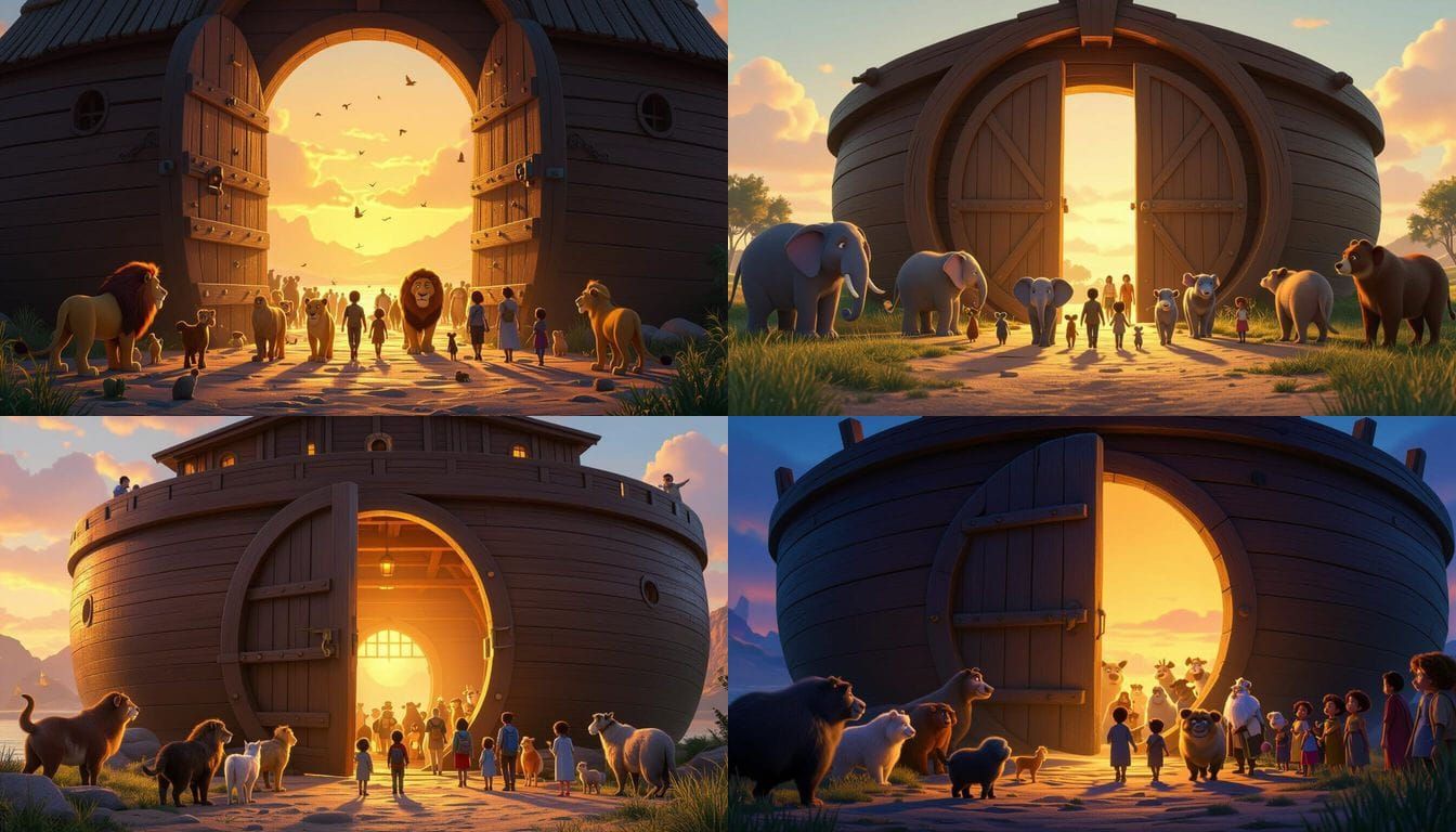 Pixar-Style Noah's Ark Door Open with Animals and Families
