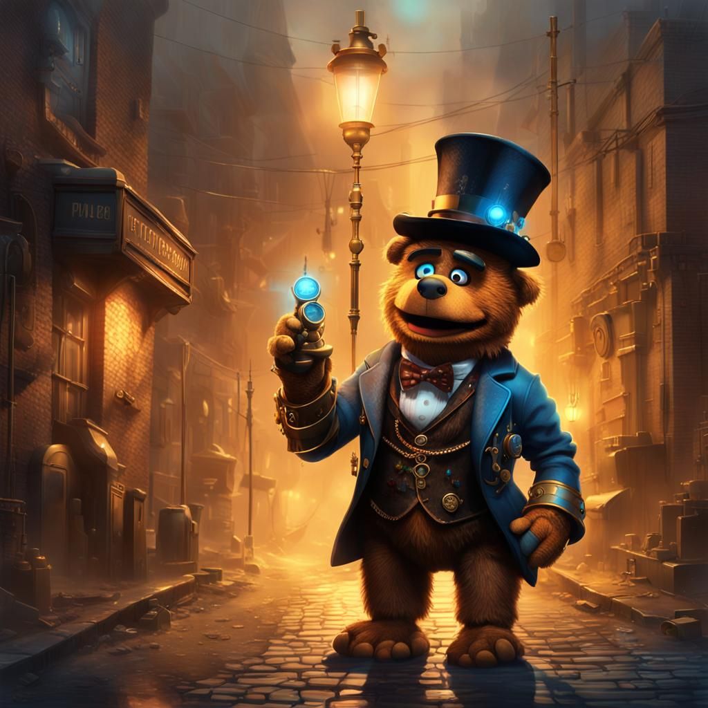 Steampunk Fozzie Bear Robot in Misty Alleyway