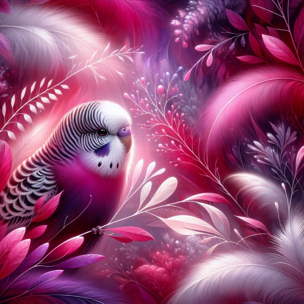 Crimson Budgerigar in Dreamlike Watercolor Forest