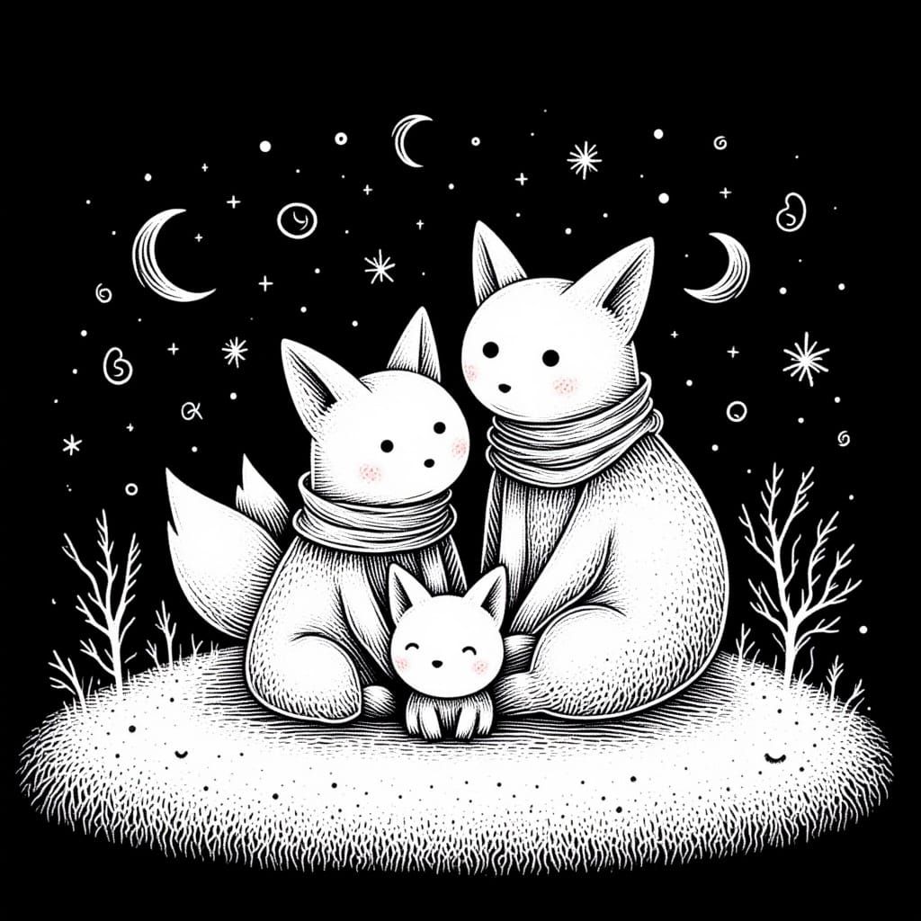 Arctic Fox Family in Blizzard, Monochromatic Line Art