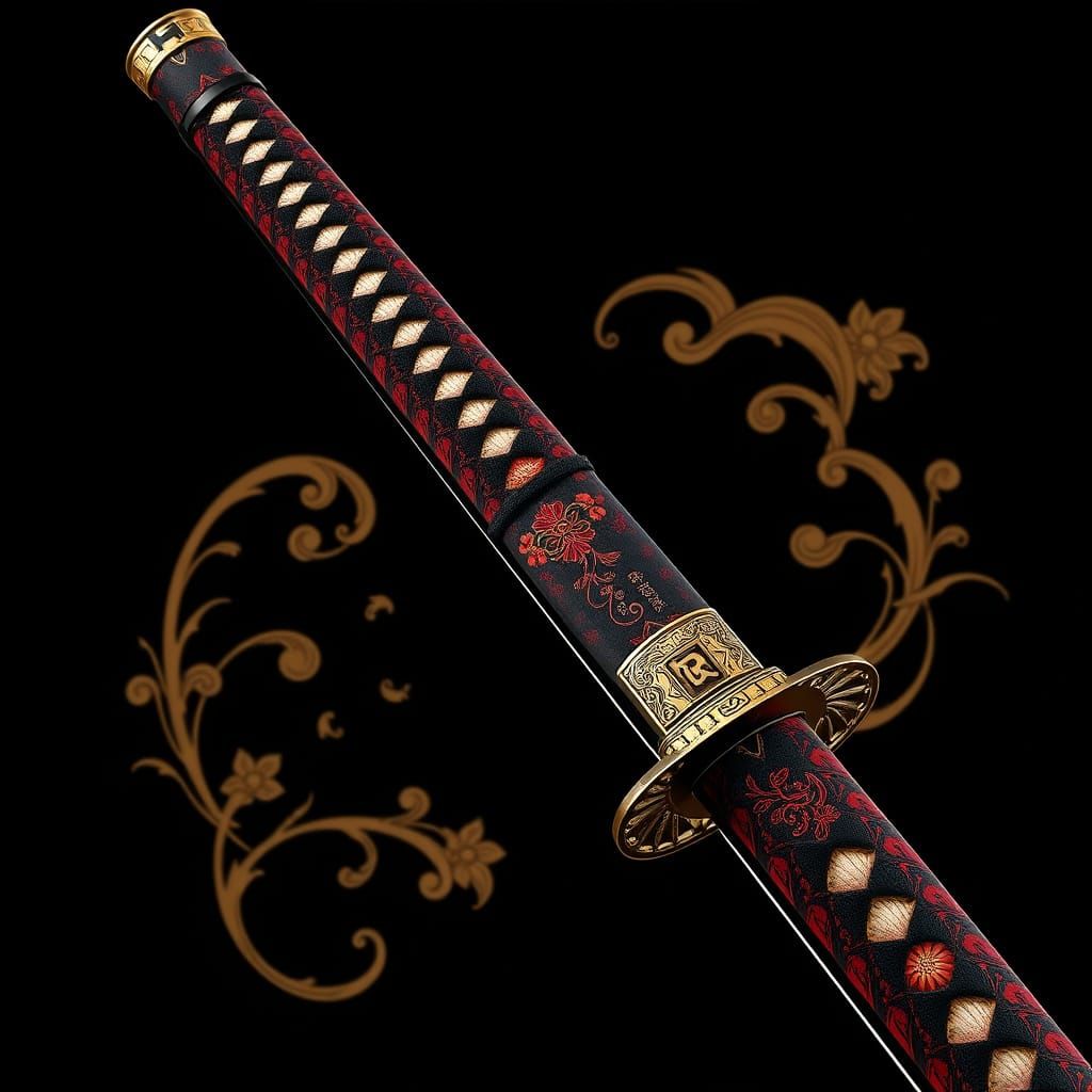 Elegant Red and Black Katana with Gold Swirls