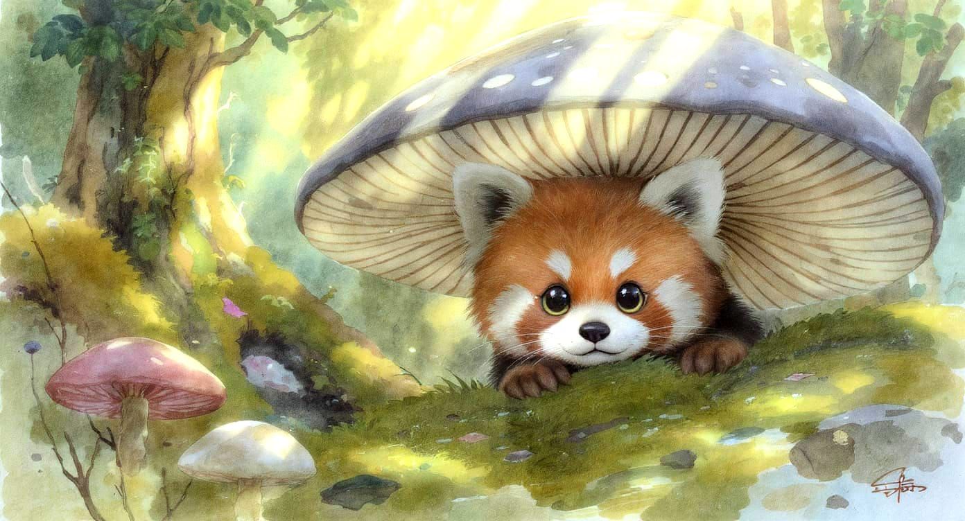 Whimsical Red Panda Cub Peeking From Giant Mushroom