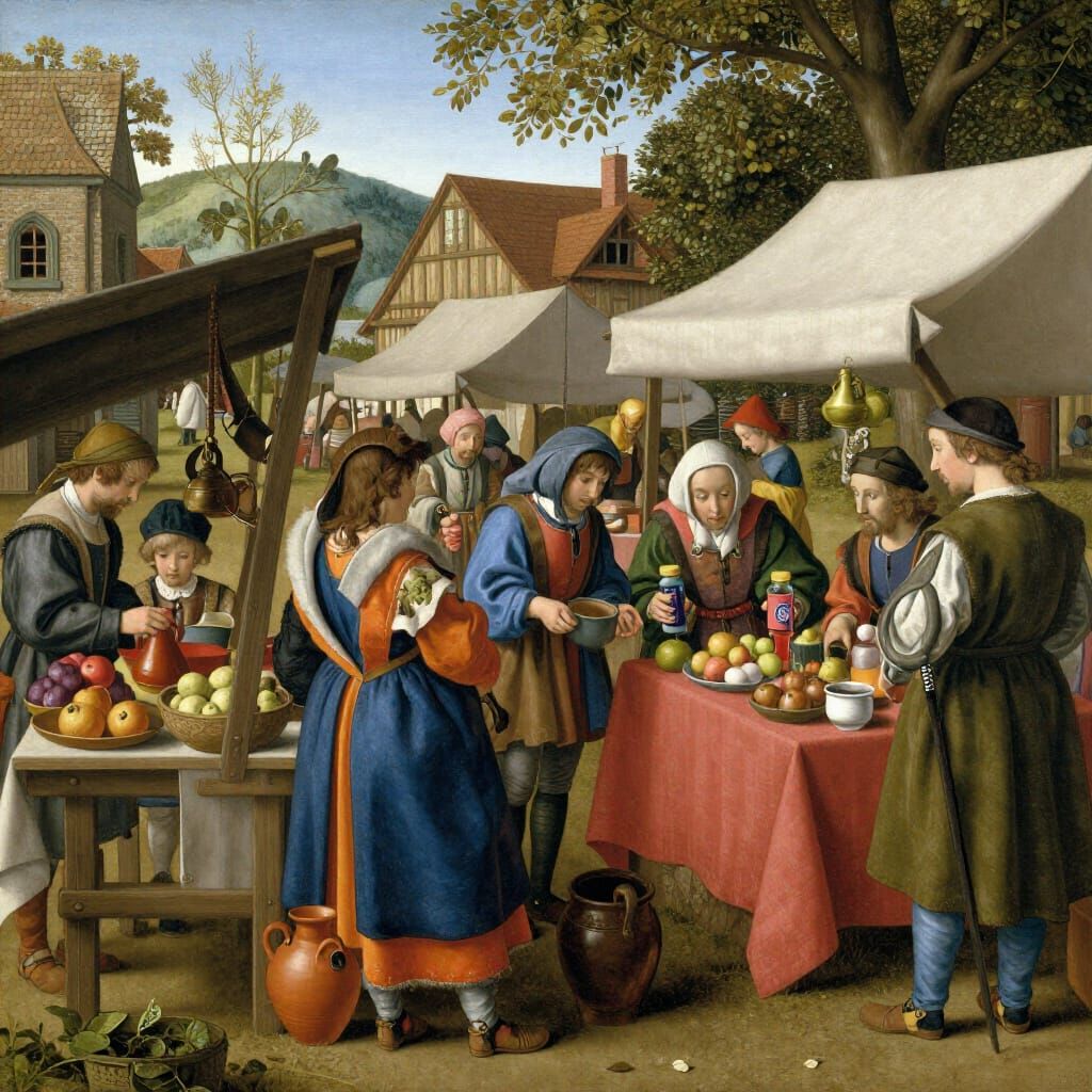 Bustling Medieval Marketplace in Flemish Renaissance Style