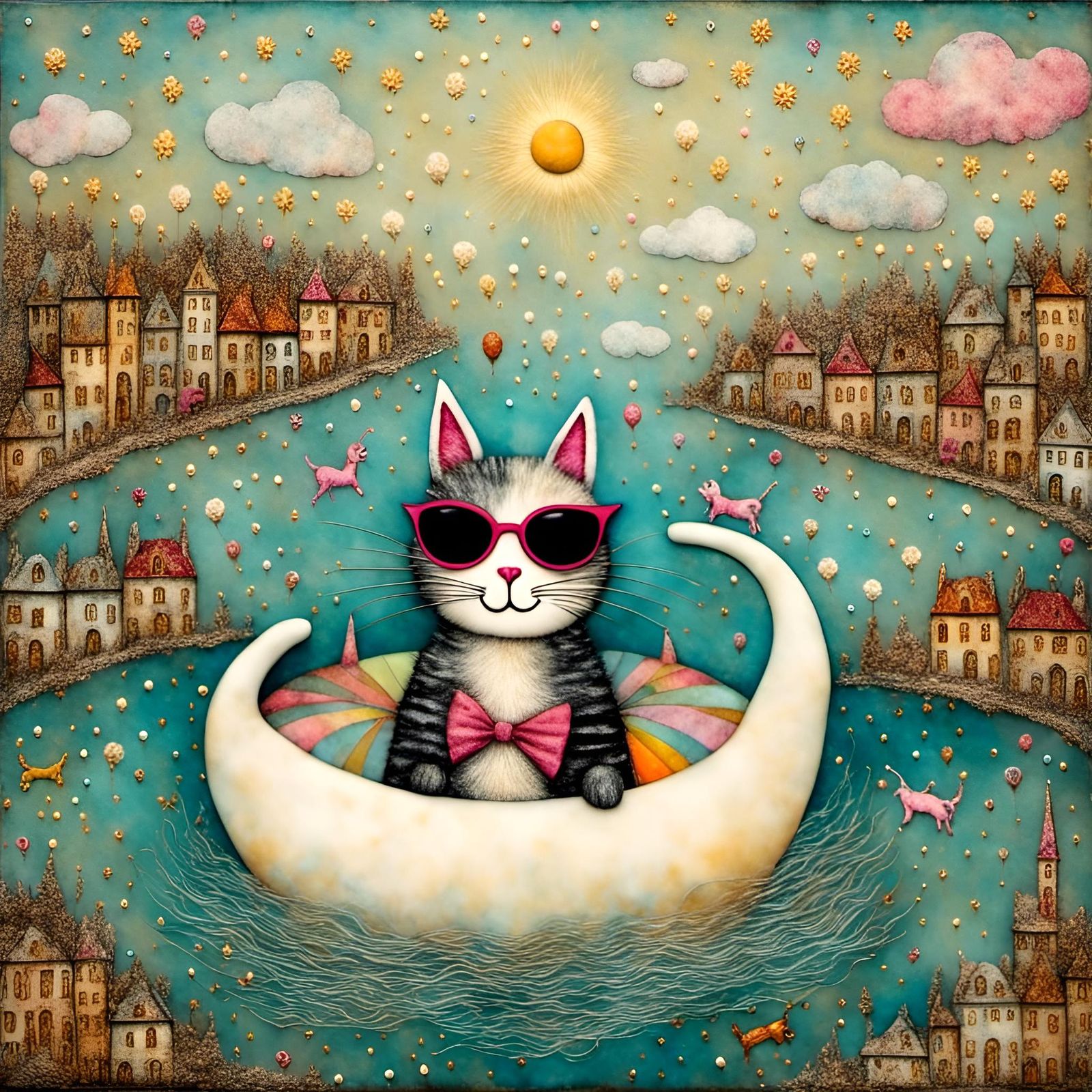 whimsical encaustic zetti mixed media collage cat in sunglasses in unicorn floatie floating downriver. <lora:WoolenKatzz...