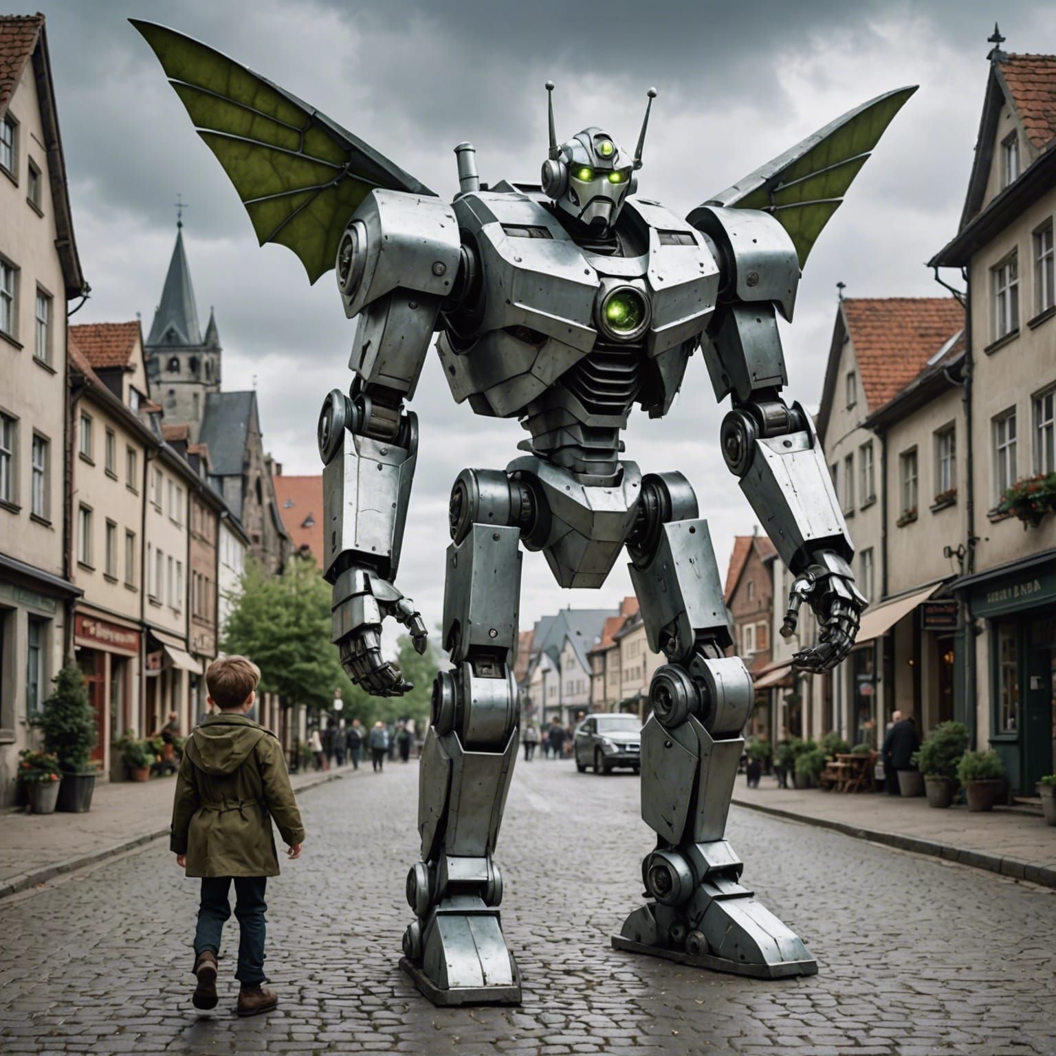 Giant Robot Catches Flying Gargoyle in WWII Village