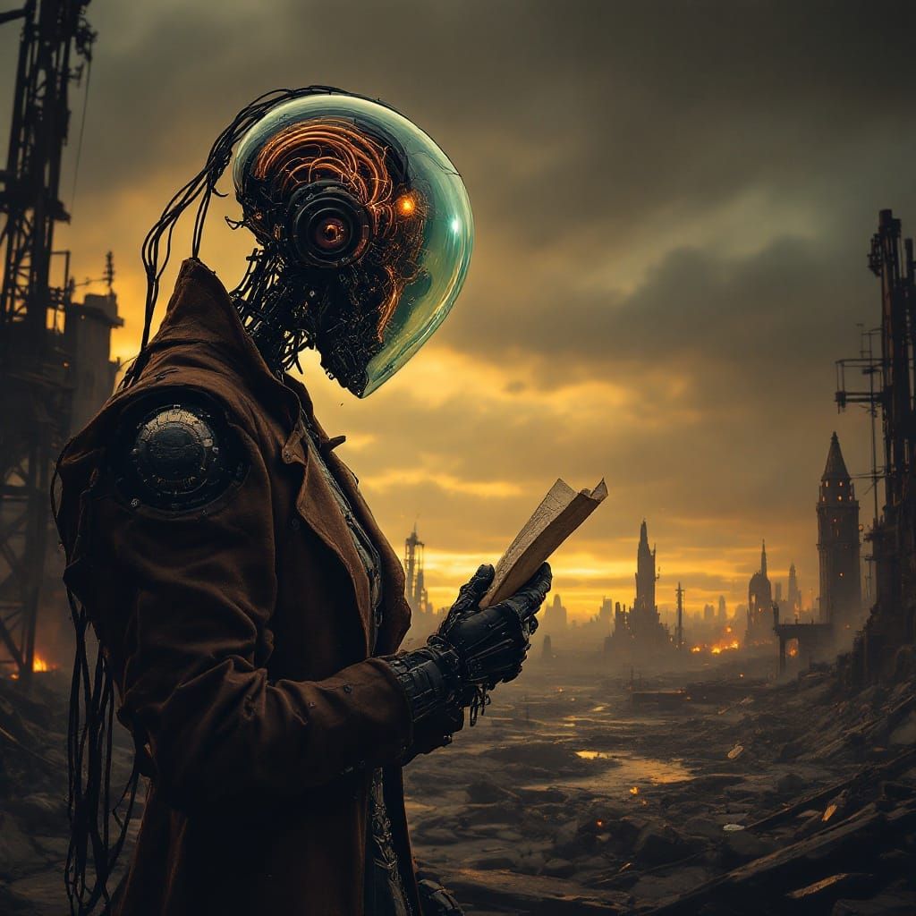 Victorian Woman Confronts Automaton in Ruined Cityscape