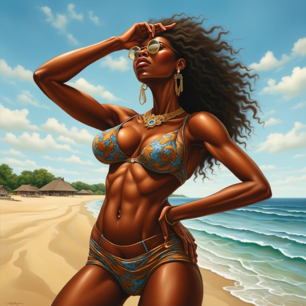 Hyperrealistic African Woman in Bikini on Beach