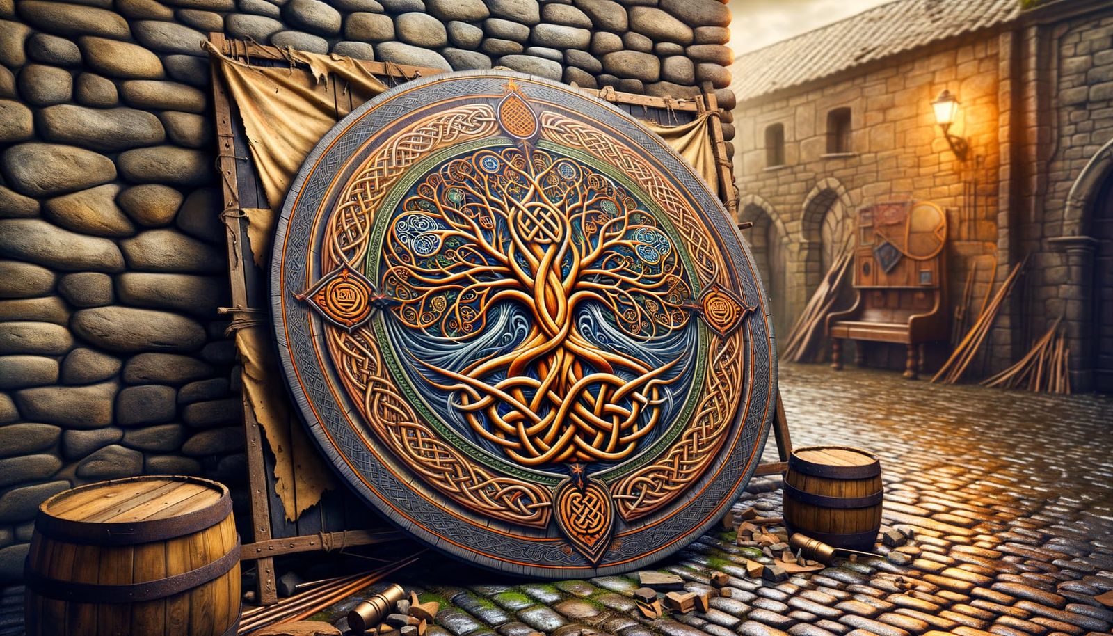 Celtic Tree of Life Shield on Cobblestone Wall