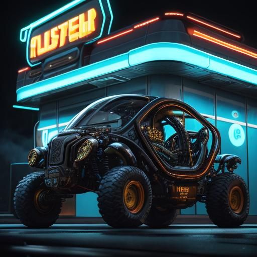 Hyperrealistic Alien Attendant at Neon Gas Station