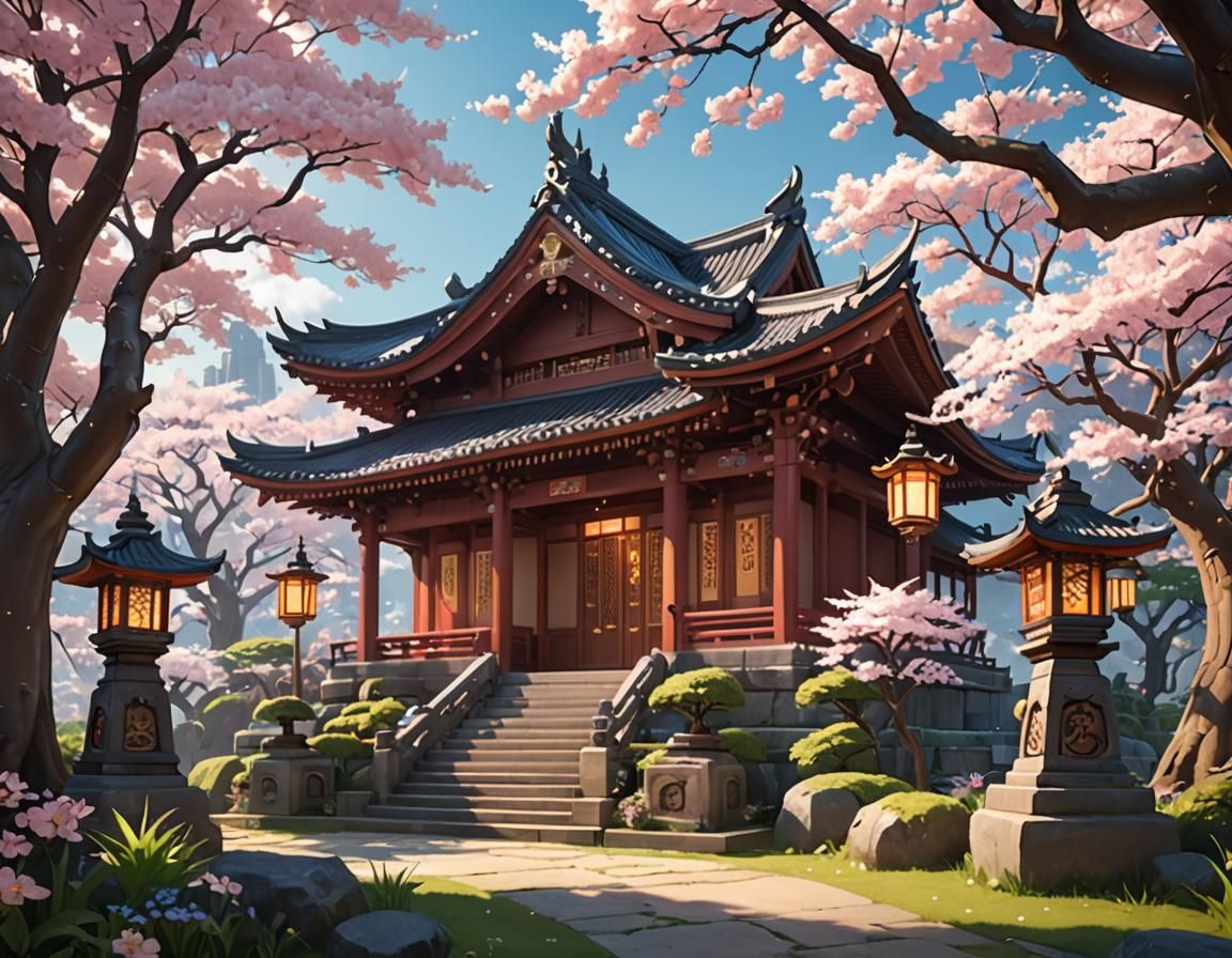 Anime Rabbit Temple with Cherry Blossoms