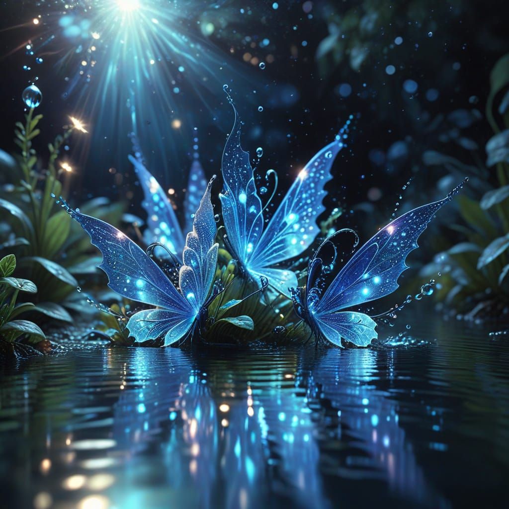 Blue Magical Fairies Playing Over Pond in Zentangle Style