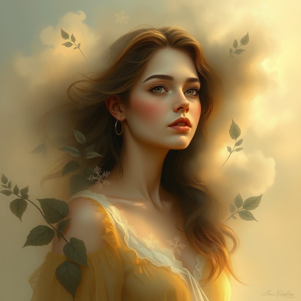 Ethereal Woman Merging with Fog and Foliage, Soft Brushwork