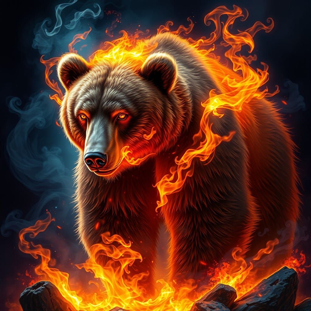 Majestic Grizzly Bear in Fiery Auroral Landscape