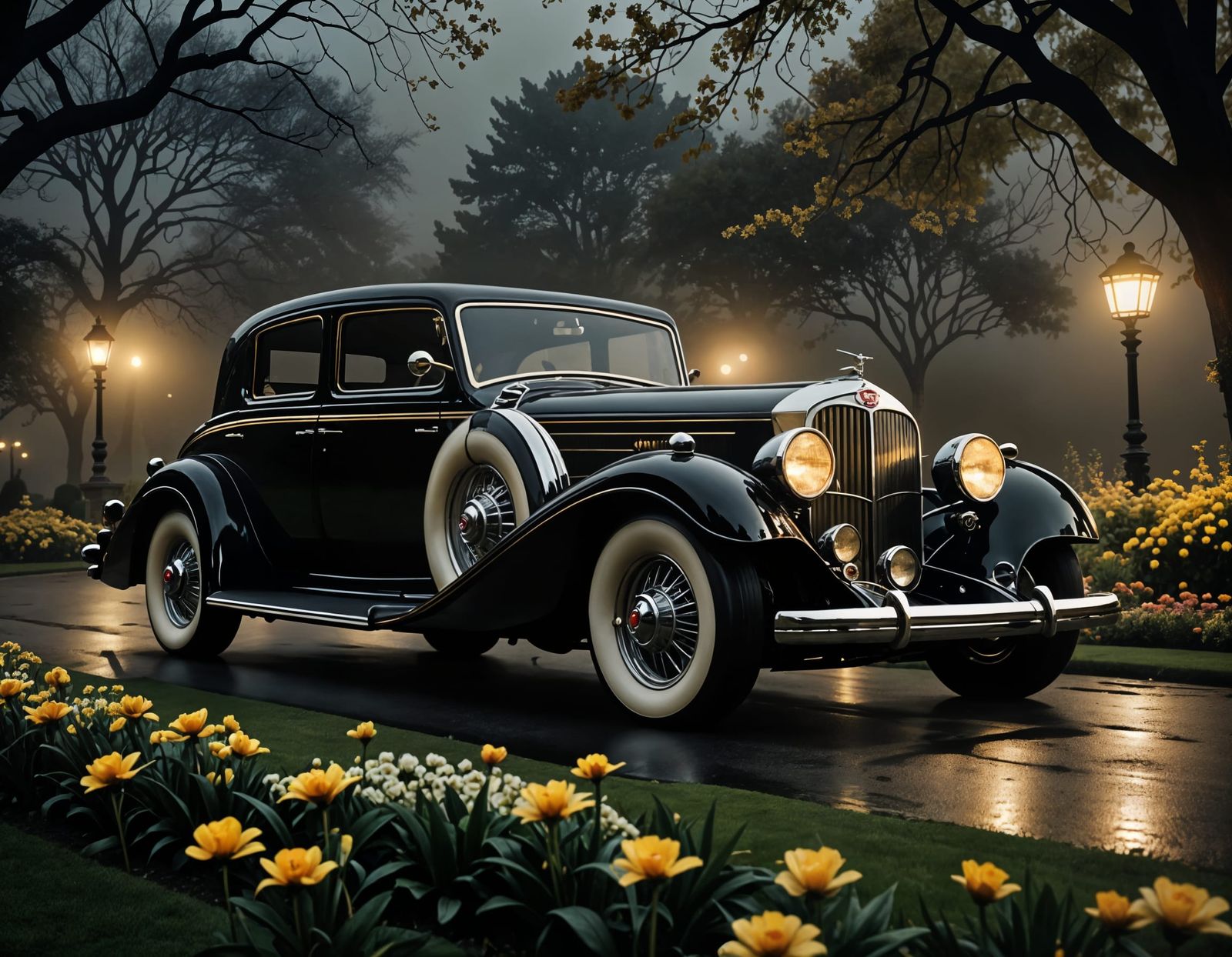 Art Deco Grand Coupe Car in Foggy Garden