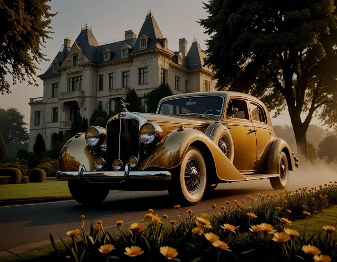 Luxurious Golden Grand Coupe Speeds Through Foggy Night