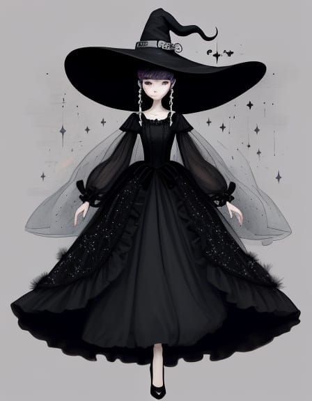 Elegant Witch in Black Gown Fashion Sketch