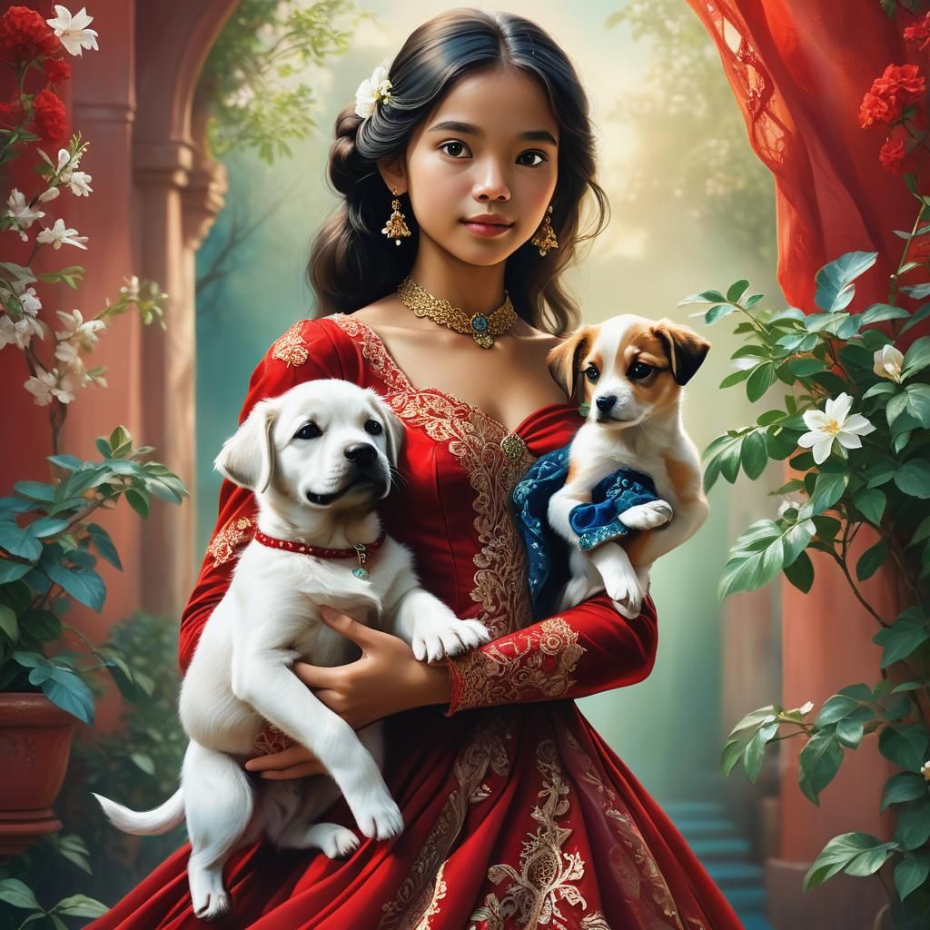 Jasmine in Red Dress Holding Puppy: Digital Painting