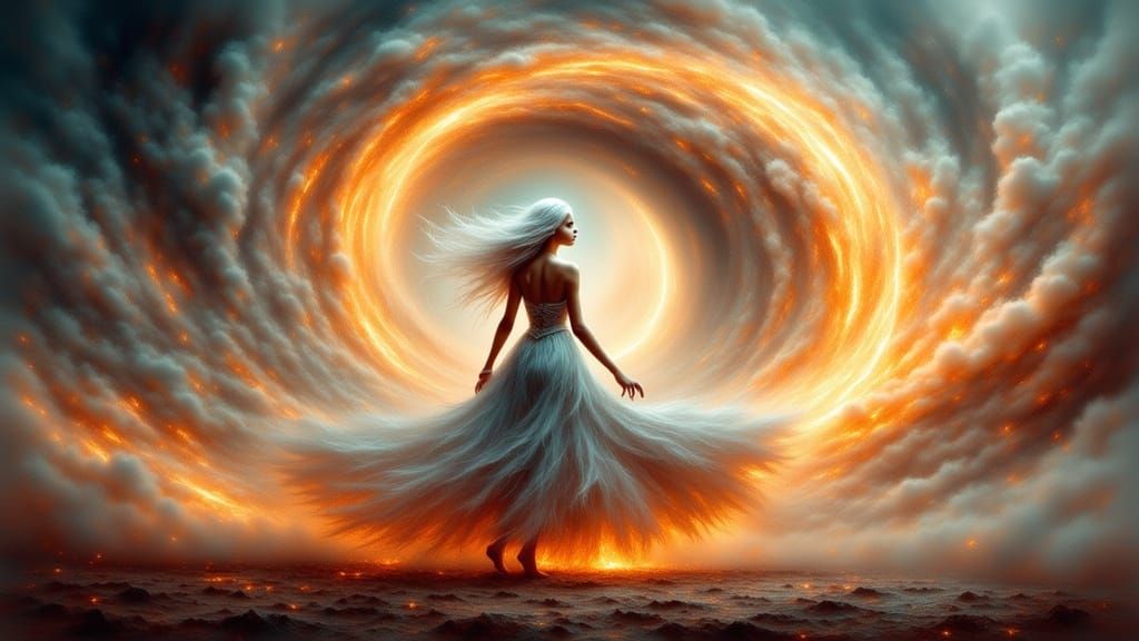 White-Haired Woman Ignites Fiery Sky Vortex
