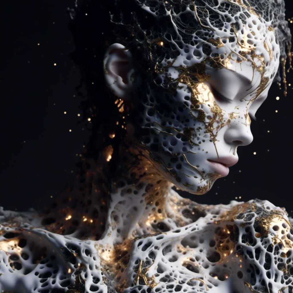 Kintsugi Woman with Golden Cracks and Porcelain Skin