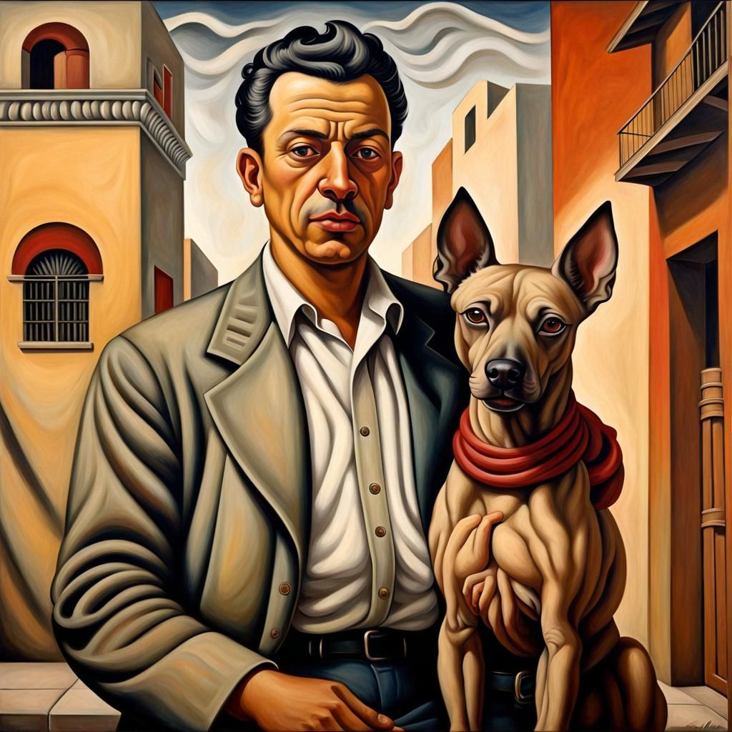 Mexican Man with Xoloitzcuintle Dog as Mural