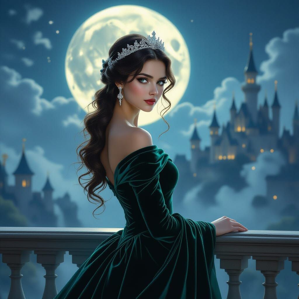 Regal Princess on Moonlit Balcony Overlooking Enchanted King...