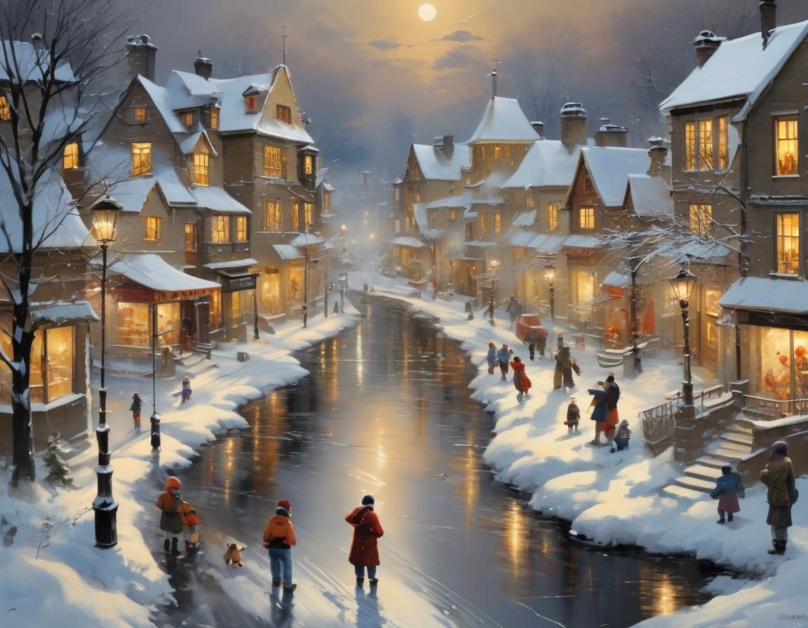 Magical Snowfall Scene in Modern City, Watercolor Style