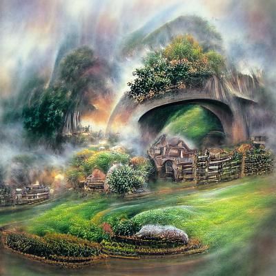Ethereal Fantasy Shire Landscape in Kinkade Style