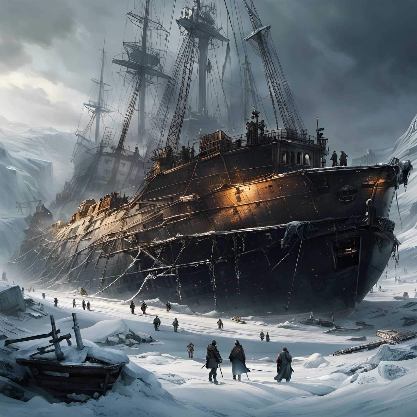 Frozen Shipwreck in Icy Wasteland: Hyperrealistic Photograph...