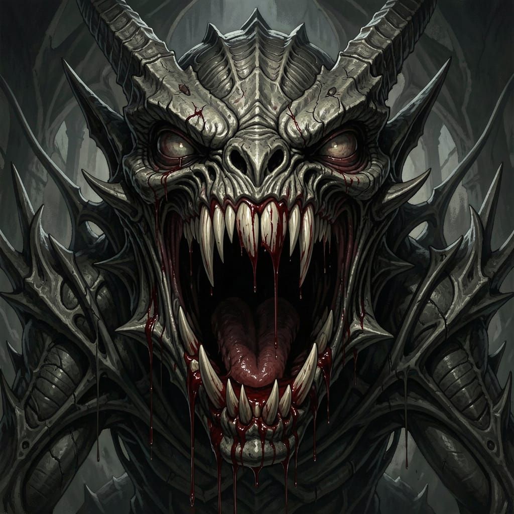 Terrifying Monster with Blood-Dripping Teeth in Gothic Style