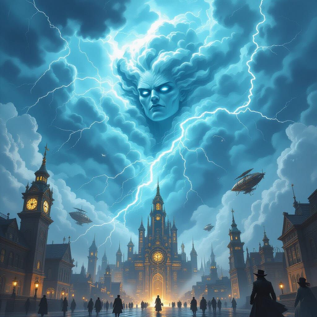 Sentient Storm Cloud Deity Over Steampunk City
