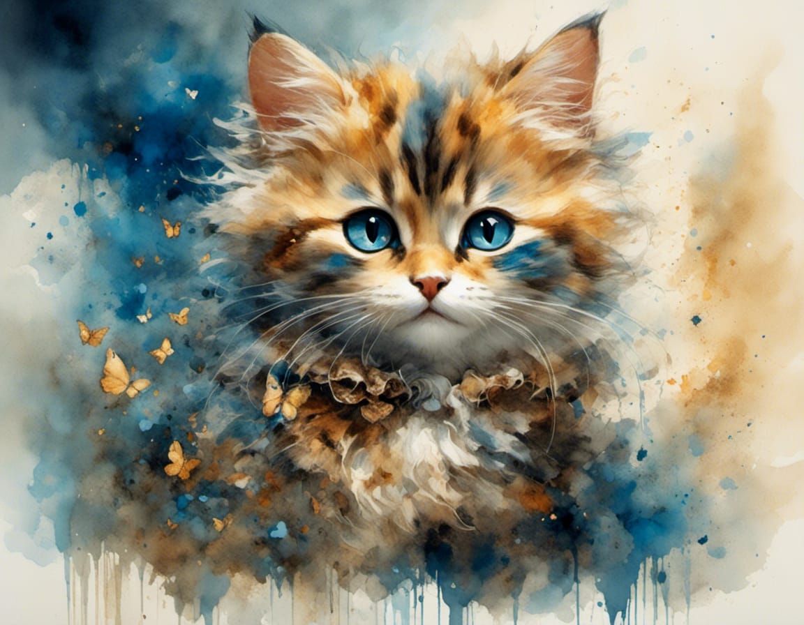 Watercolor Calico Cat and Boy in Dreamy Light