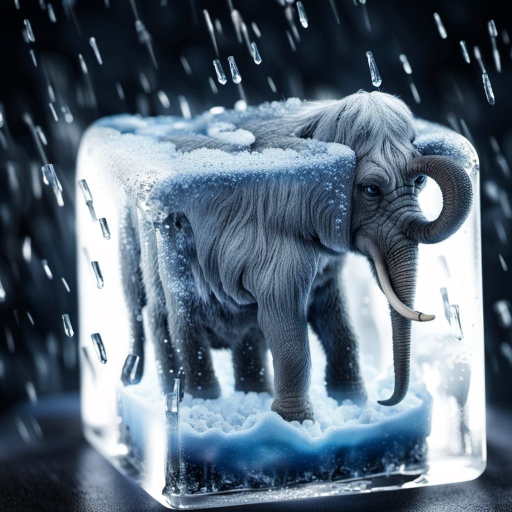 Raining scape with a beautiful cute little mamut inside a crystal ice cube, dynamic lightning, detailed shot, intricate ...
