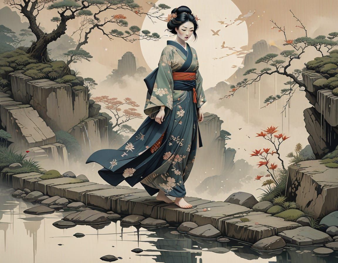 Ethereal Geisha Amidst Crumbling Stone Bridge