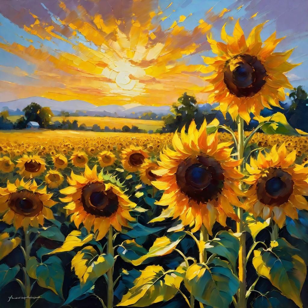 Radiant Sunflower Field at Sunset: Impressionist Style