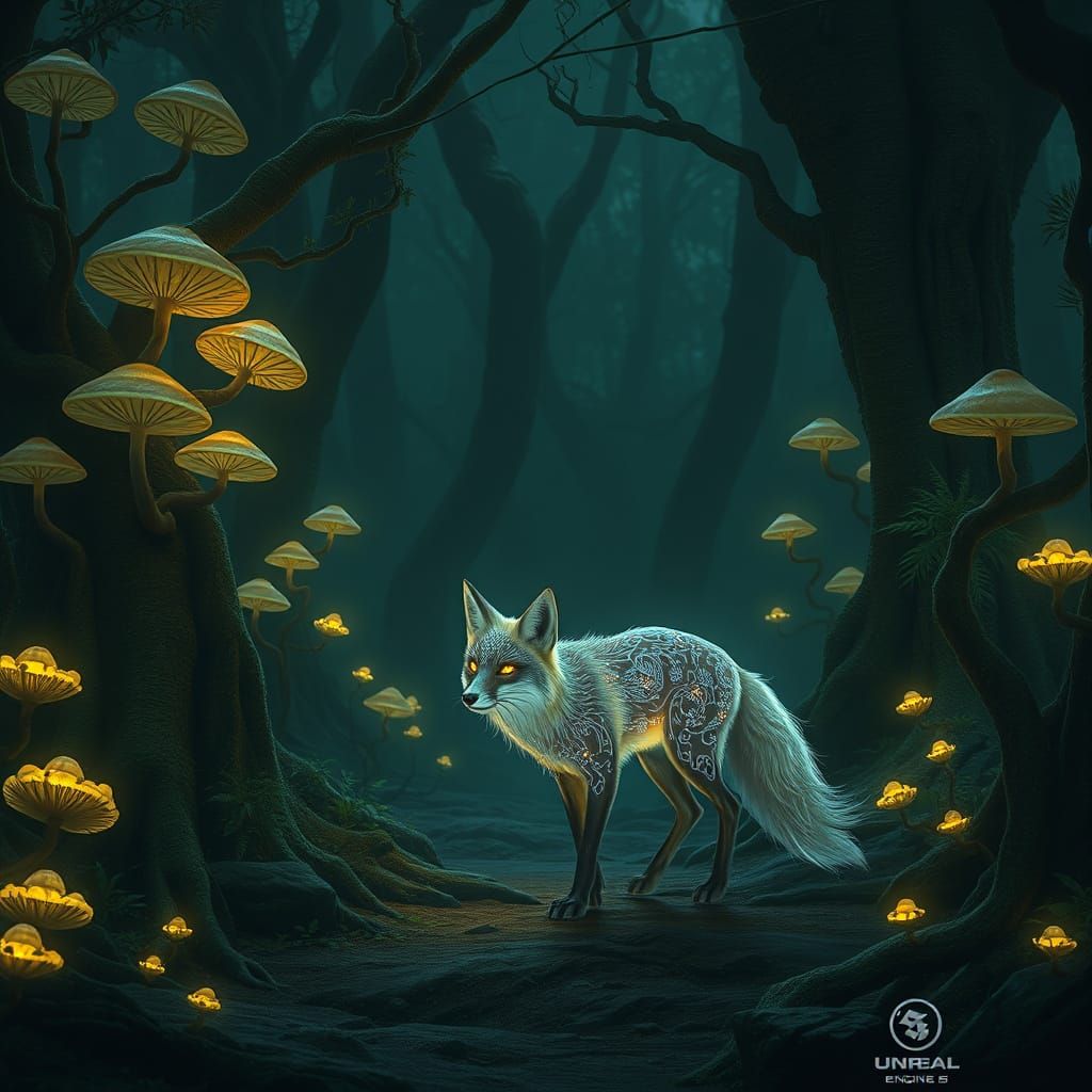 Ethereal Spirit Fox in Bioluminescent Forest
