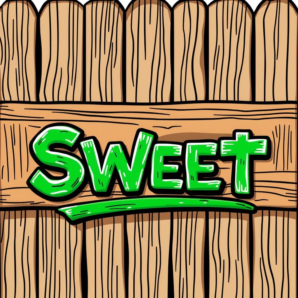 CARTOON logo says SWEET, conveys the logo written on a wooden cartoon fence with cartoon style paint in green with stunn...