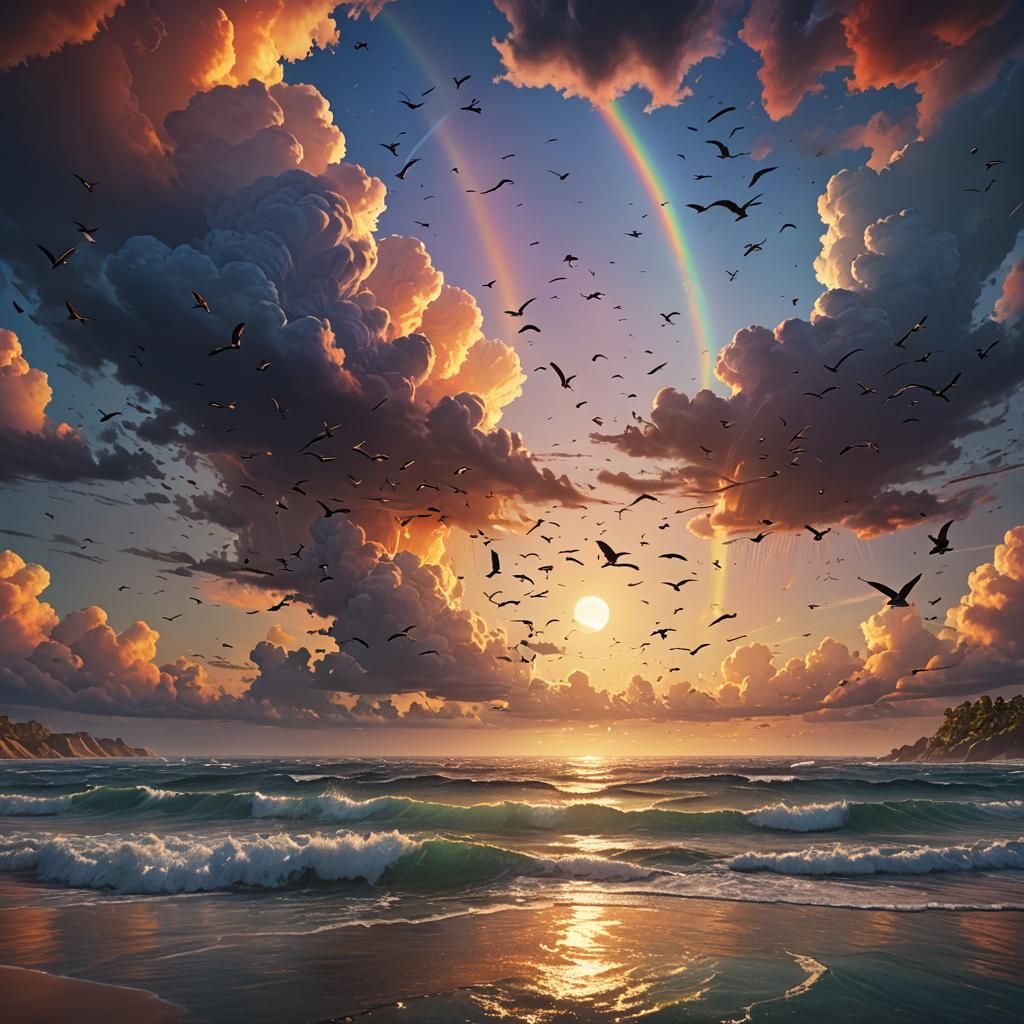 Ocean Sunset with Rainbow Clouds: Fantasy Concept Art
