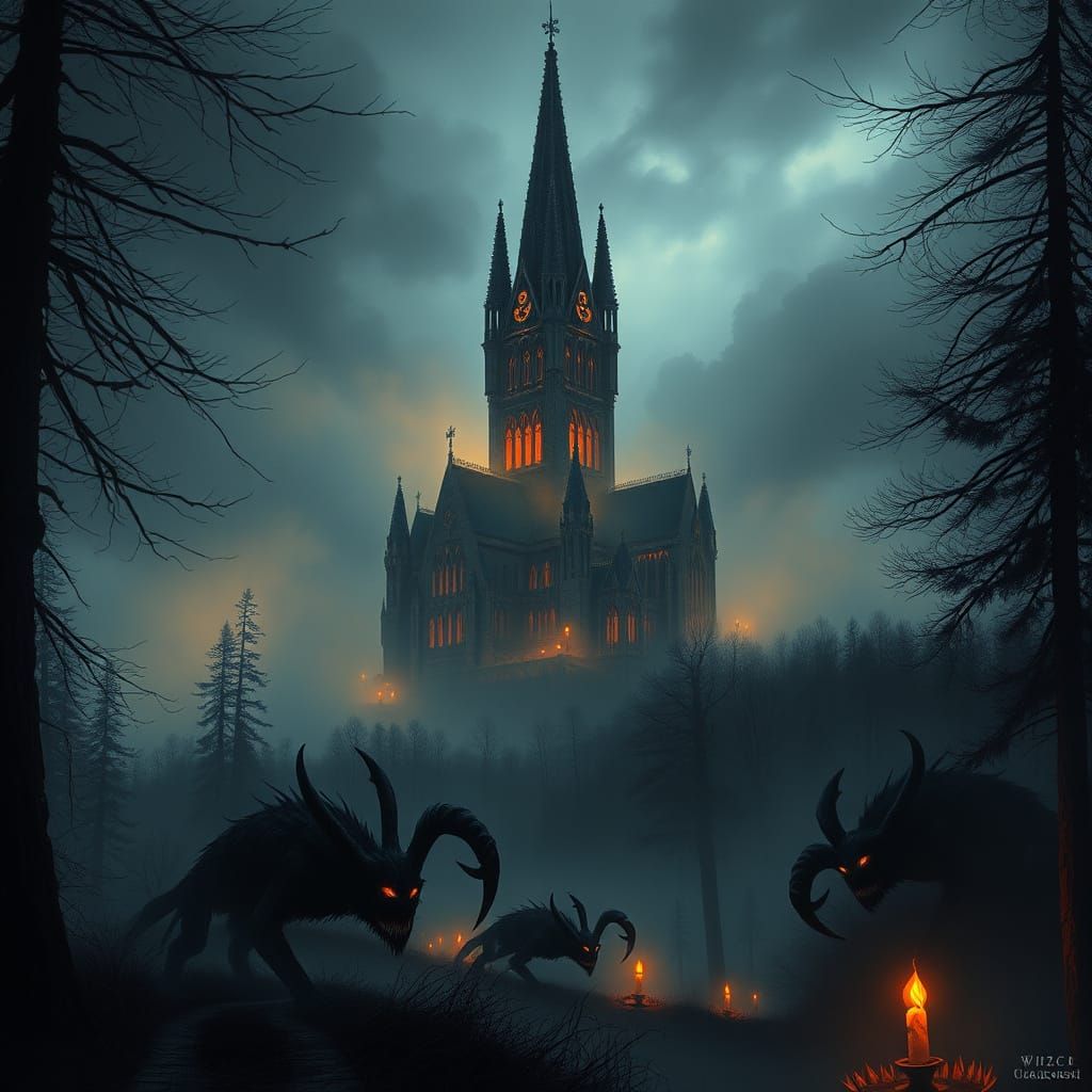 Gothic Cathedral in Mist: A Surreal Horror Scene
