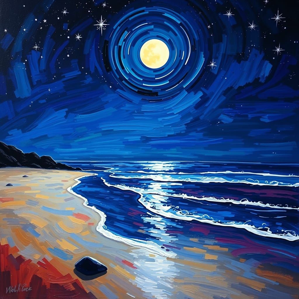 Serene Night Beach in Neo-Impressionist Style