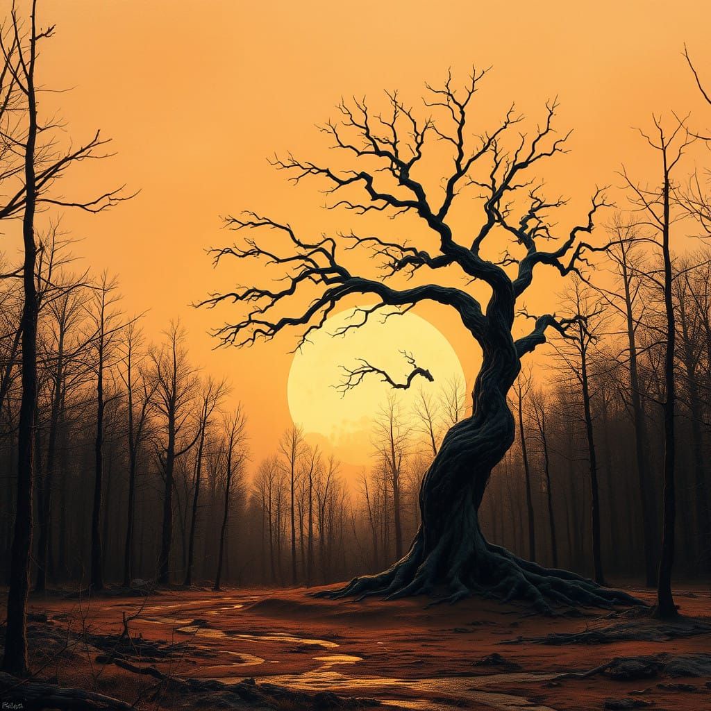 Winter Forest Sentinel in Warm Sepia Tones - Sumi-e Ink Styl...