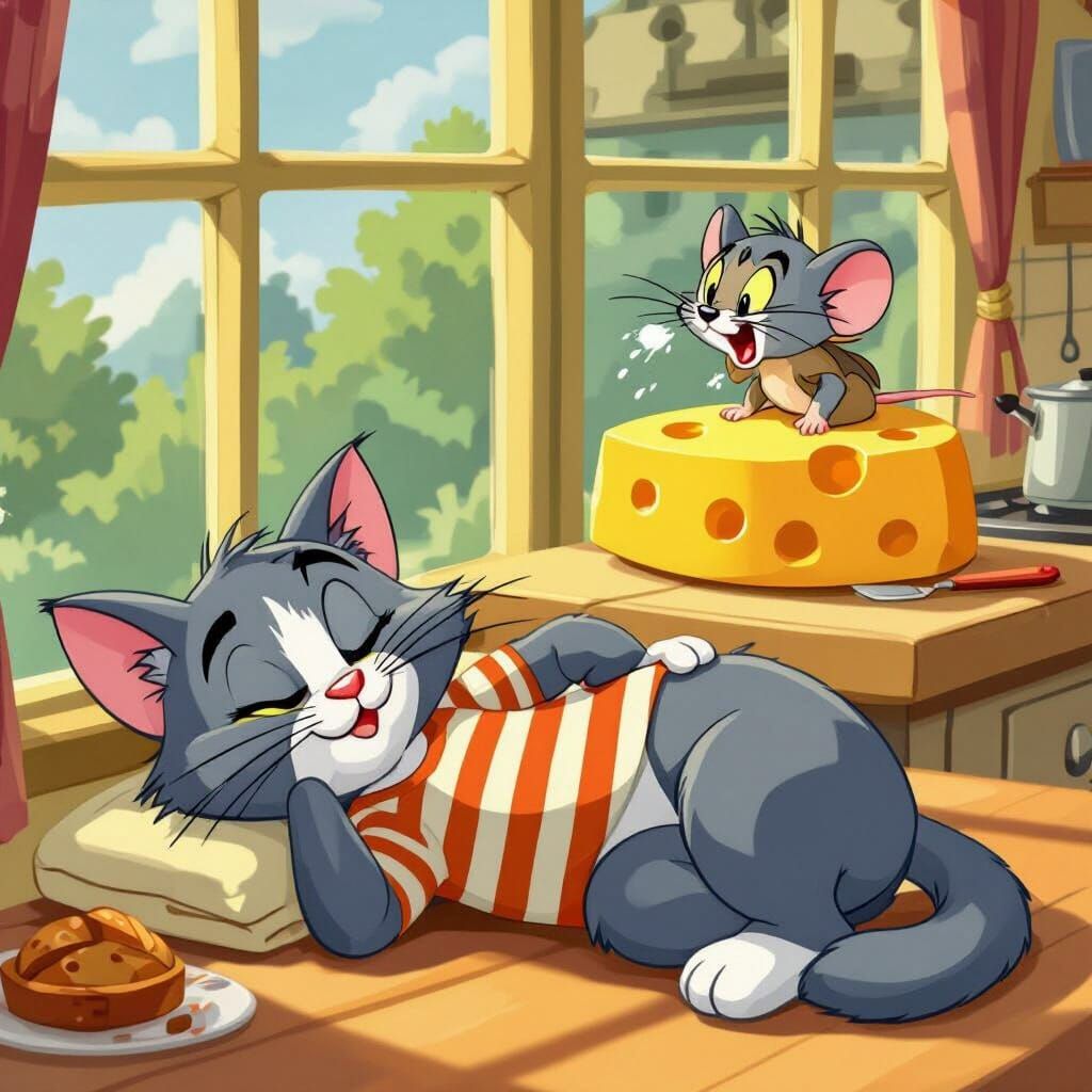 Cartoon Cat Nap Interrupted by Sneezing Mouse