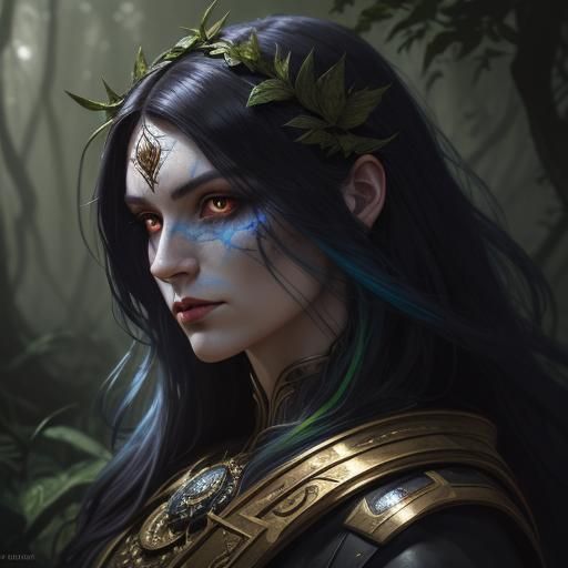 Demon Woman Portrait in Forest, Art Nouveau Style