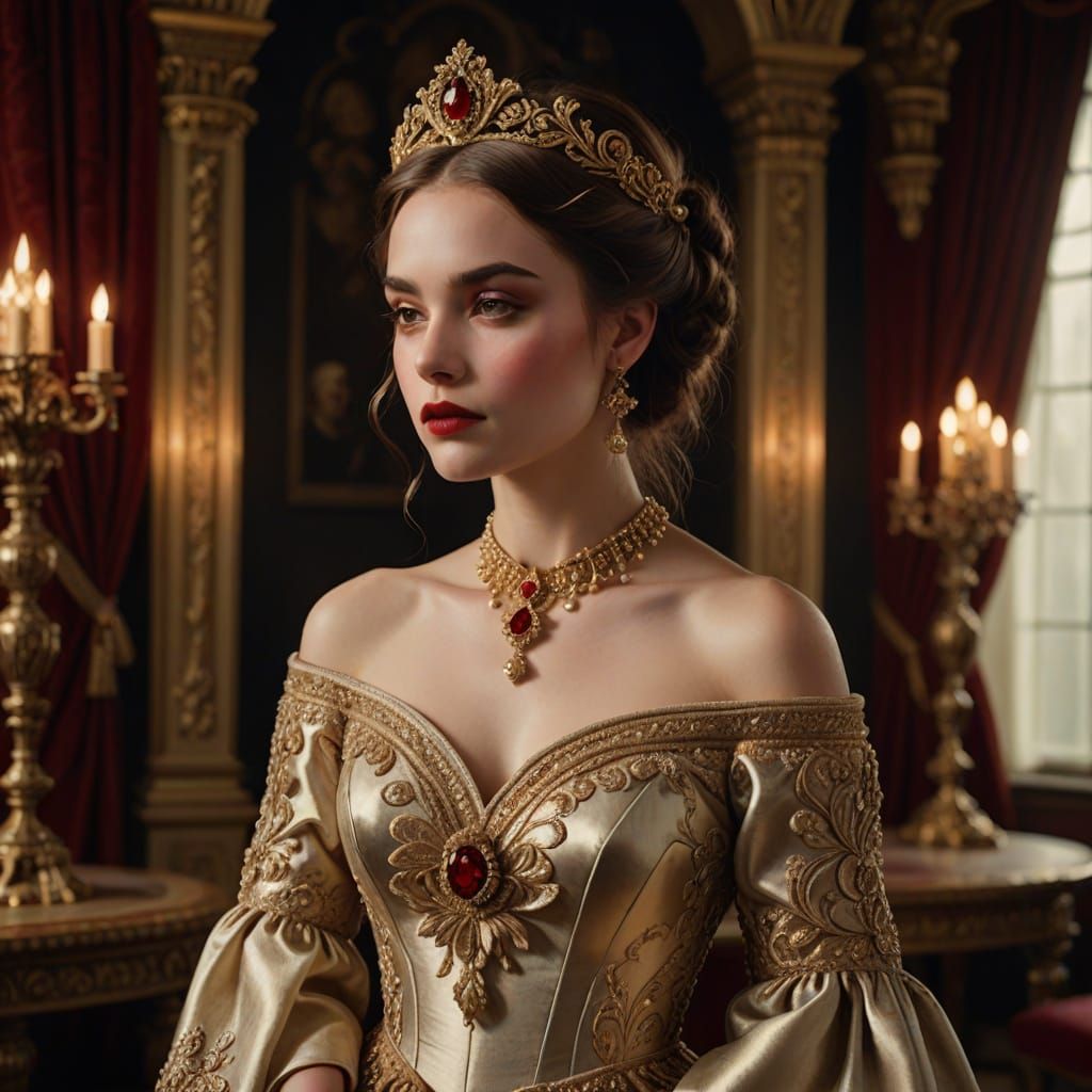 Regal Victorian Beauty in Elegant Gold and Cream Gown