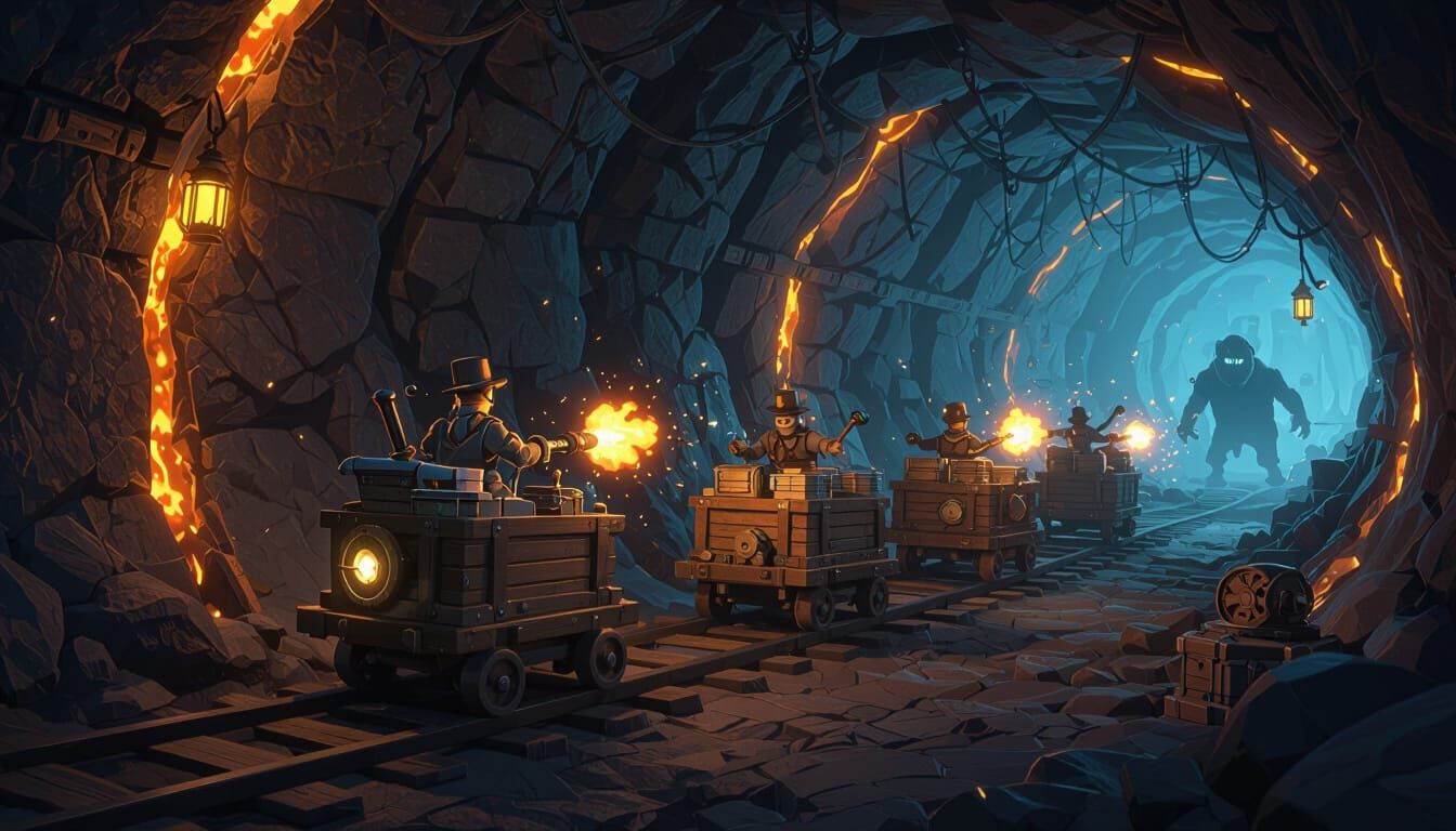 Steampunk Miners Race Through Dark Mine Tunnel