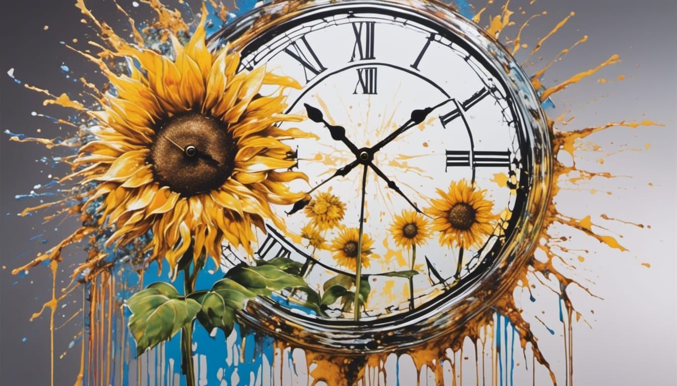 Surreal Crystal Sunflower with Lion and Floating Clock