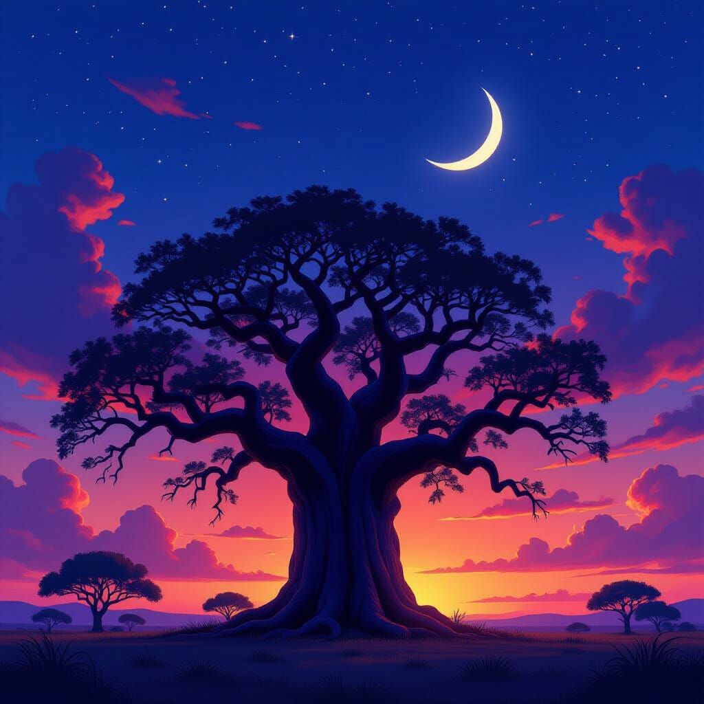 Ancient Baobab Tree Silhouette at Twilight