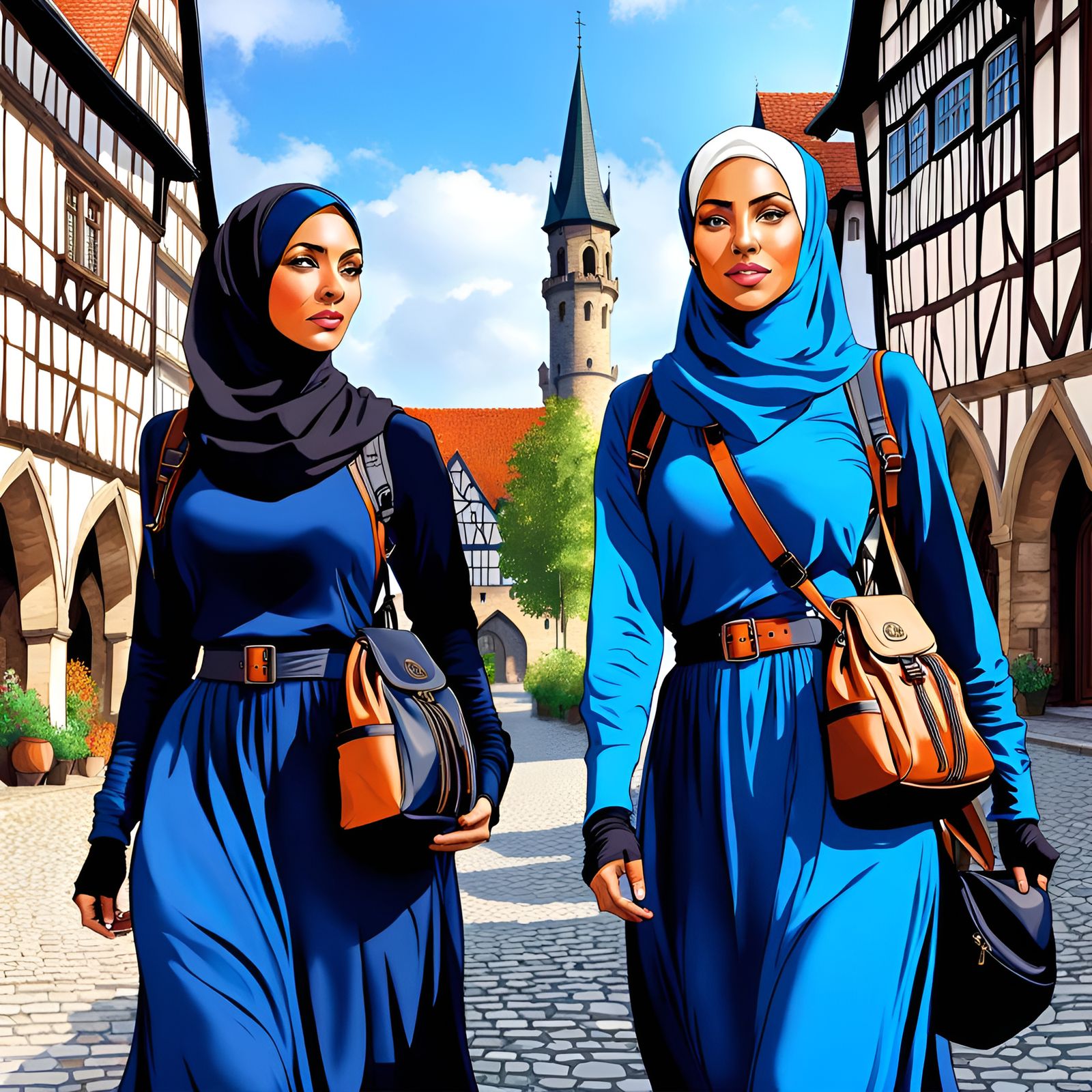 Hijabi Women Hiking in Medieval German City