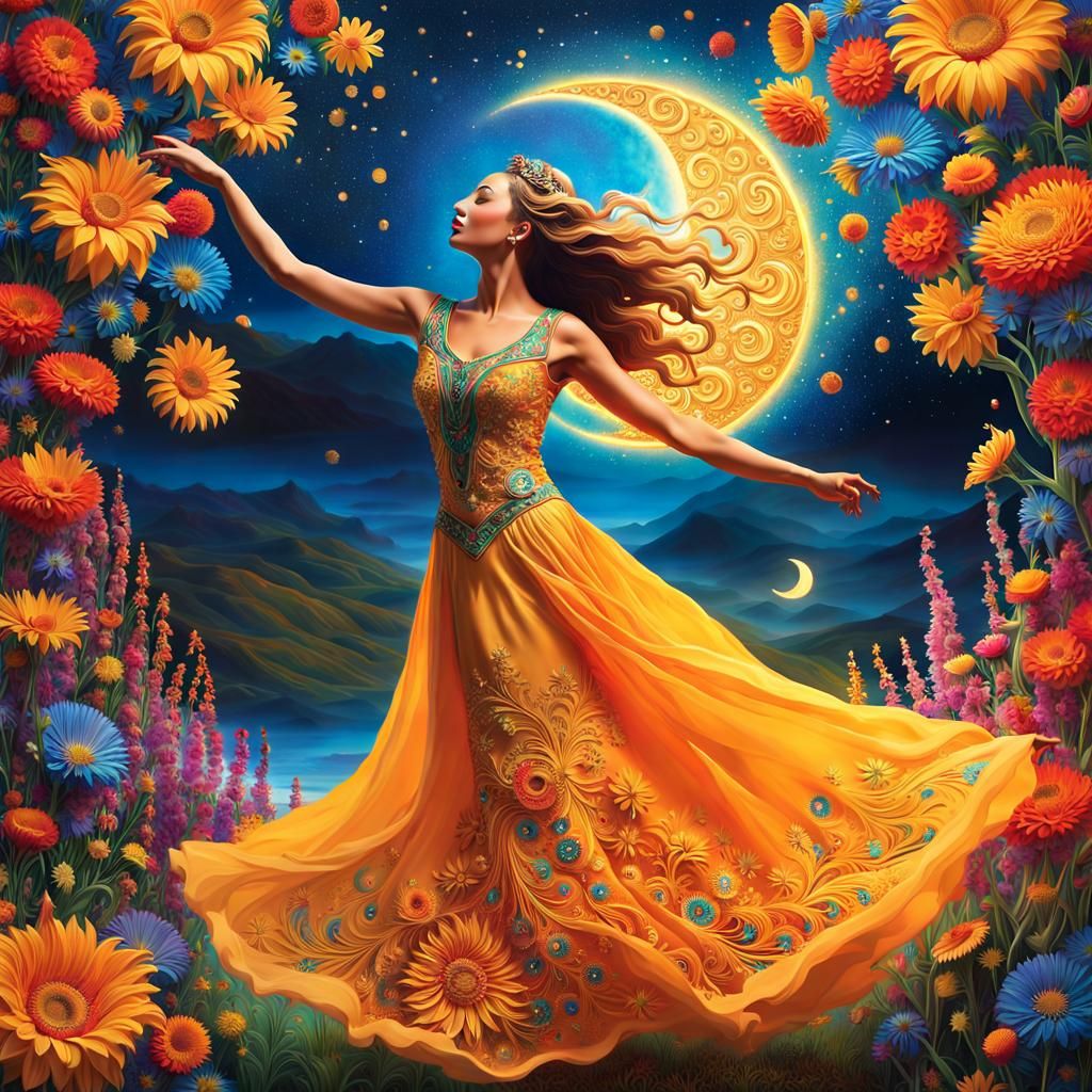 Surreal Woman Dancing Among Sun and Moon Flowers