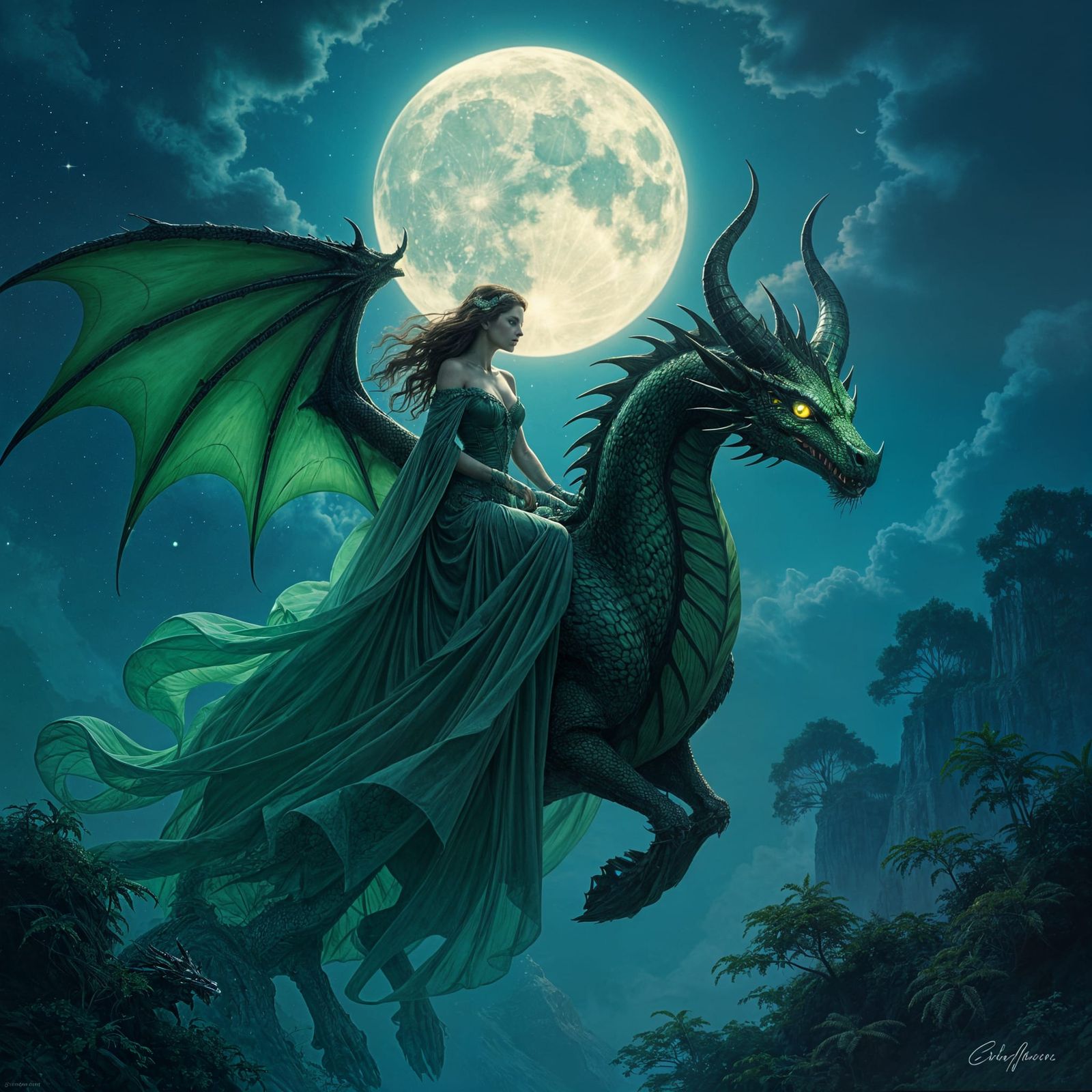 Vampiric Woman Rides Dragon in Moonlit Evening