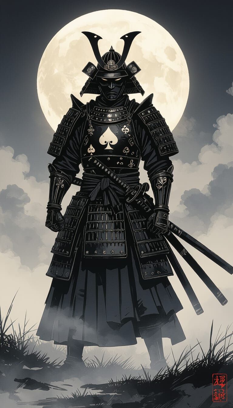 Samurai King of Spades in Obsidian Armor Under Full Moon